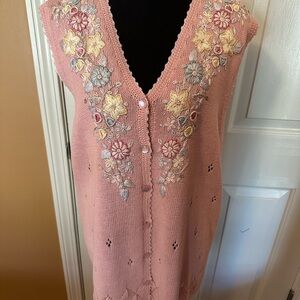 Embroidered Pink V-Neck Knit Sweater Vest - Floral Detail